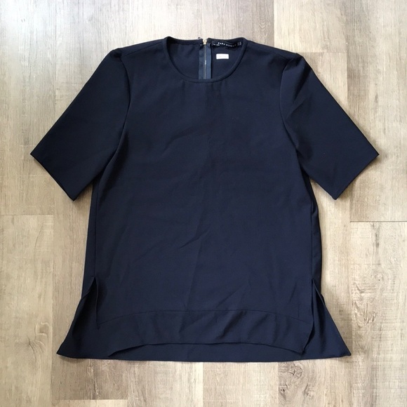 Zara xs blouse navy blue 1/4 zipper on back - Picture 1 of 7